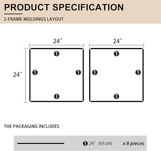 2 Set of 24" x 24" Pre-Cut Accent Wall Molding Trim Kit, Peel and Stick Premade Wainscoting Panels for Interior Decoration, Ready to Assemble Chair Rail Moulding