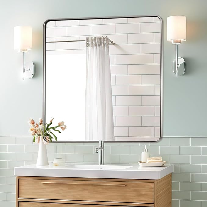 ANDY STAR 36x36 Inch Brushed Nickel Bathroom Mirror, Rounded Square Bathroom Vanity Mirrors for Wall, Anti-Rust SUS304, Seamless Tube Metal Frame, 1’’ Deep Wall Mounted Vertically/Horizontal