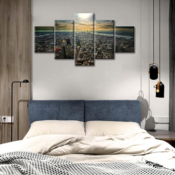 5 Panel New York Office Decor Art Prints Cityscape Pictures Wall Decor for Living Room New York Skyline Artwork Paintings Contemporary Home Decor Stretched and Framed Ready to Hang (60"Wx32"H)