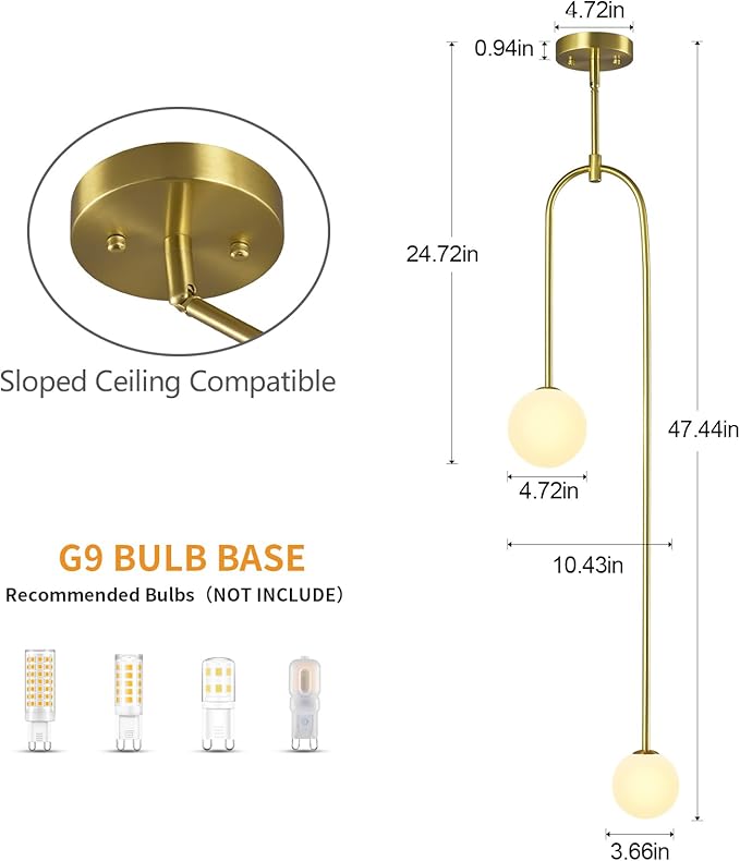 Modern Milk Glass Pendant Light 2 Light Mid Century Chandelier Small Glass Globe Gold Pendant Lights for Kitchen Island Bedroom Dining (2 Pack)