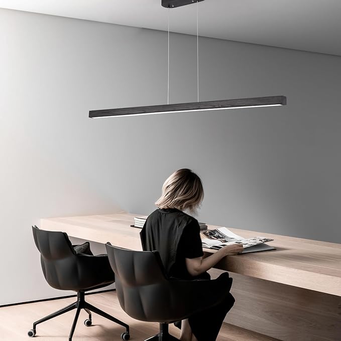 47" Black Linear Pendant Light Wooden Led Linear Pendant Light Fixtures Ceiling Hanging Dimmable Pendant Lights for Dining Room Kitchen Island Pool Table Lights Black Wood Finish