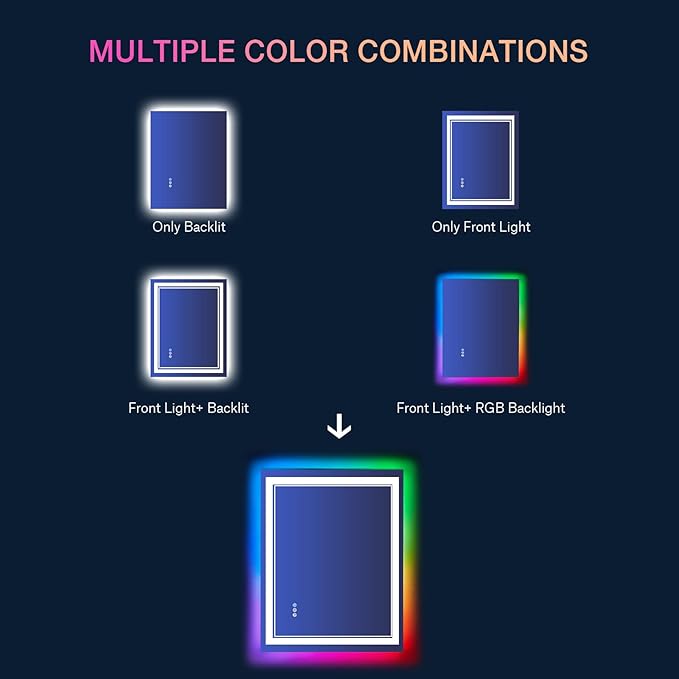 28x36 inch LED Bathroom Mirror RGB Color Changing Backlit Mirror Shatterproof Dimmable Anti-Fog Vanity Mirror with Double Lights (RGB Multicolor Backlit + Adjustable Front-Lighted)