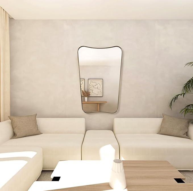 ANDY STAR Gold Mirror, 24x36 Irregular Wall Mirror, Gold Antique Bathroom Vanity Mirror, Brass Mirrors for Wall, Asymmetrical Mirror in Rust-Proof Stainless Steel Metal Frame, Wall Mount Vertically