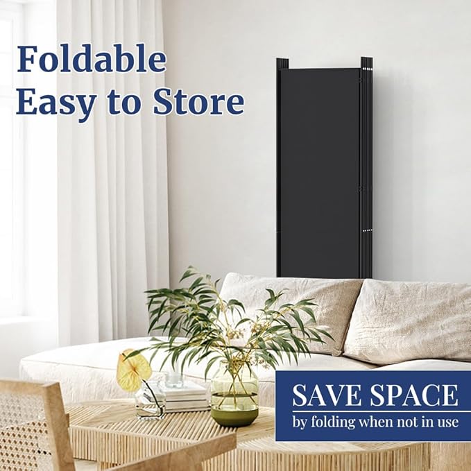 Kokorona 6 Panel Room Divider, 6FT Tall Rolling Privacy Screen with Lockable Wheels, Folding Wall Dividers Portable Room Divider for Room Separation, Included - Cover Strips, Black, 119''W x 70''H