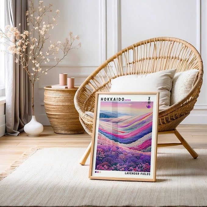 Nationcog Hokkaido Lavender Fields Poster, Japanese Wall Art Print, Colorful Landscape Artwork, Japandi Asian Style Home Decor for Bedroom, Living Room or Modern Interior (Unframed) (24x36)