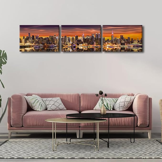 Canvas Wall Art for Living Room New York City Panorama Modern Home Decor Cityscape Sunrise View HD Printed Posters for Bedroom Office Wall Art Painting Bathroom Pictures Ready to Hang 14x60 Inch