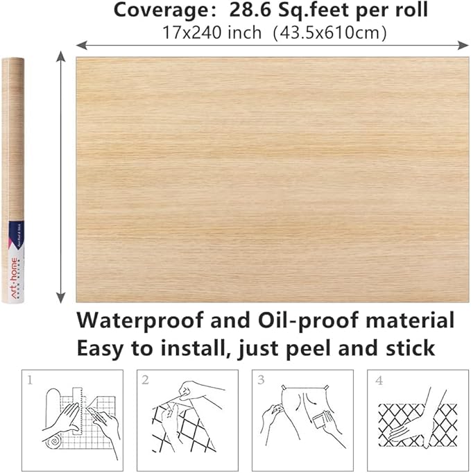 Arthome 17" x240"Peel and Stick Oak Wood Contact Paper Self-Adhesive Wall Paper,Decorative Vinyl Film for Countertop, Cabinets, Shelf, Drawer Liner,Easy to Clean Removable Wall Covering