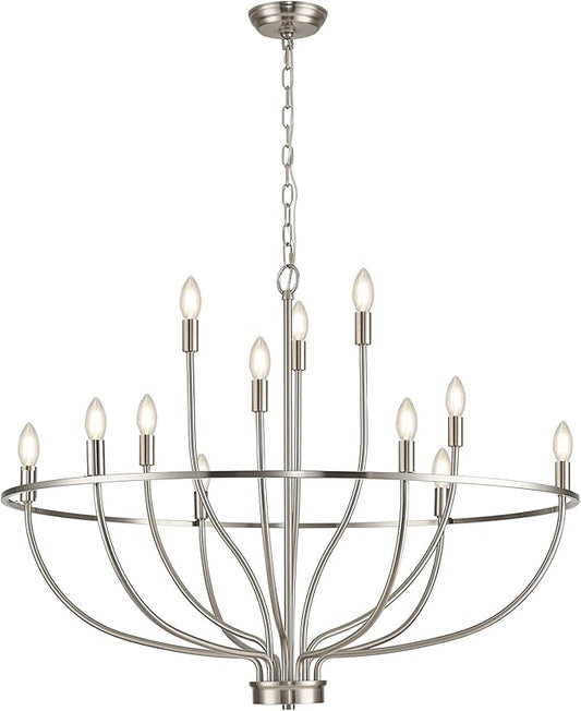 12 Light Brushed Nickel Chandelier, Large Chandeliers for High Ceilings, 36inch Metal Chrome Chandelier Light Fixture Metal Candle Chandelier with Long Chain for Dining Foyer Kitchen Bedroom