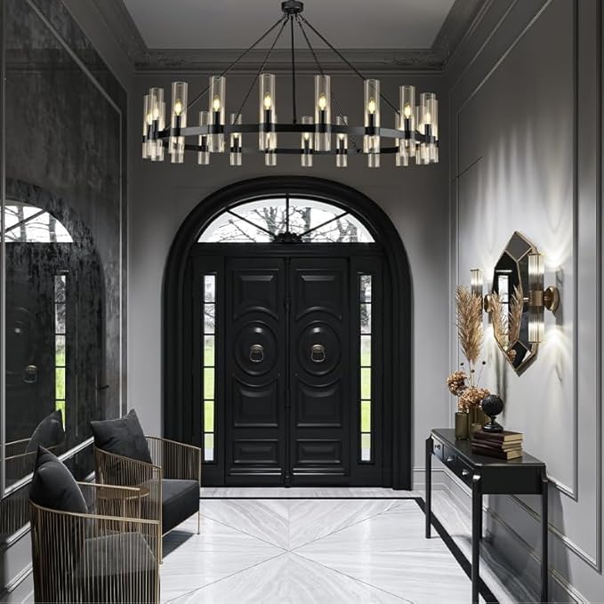 Black Wagon Wheel Chandelier, 60 Inch Chandeliers with Glass Shade, 20-Light Large Chandelier for High Ceiling, Modern Farmhouse Chandeliers for Living Room, Dining Room, and Entryway(Bulbs Included)