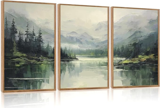 Aurlan Green Pine Trees Forest Landscape Framed Wall Art(16"x24"), 3PCS Abstract Mountain Lake Canvas Artwork, Large Watercolor Modern Nature Scenery Decor for Office Home