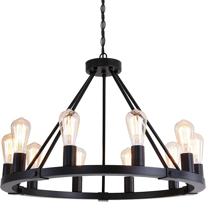9MMML 10 Lights Wagon Wheel Chandelier, Black Round Globe Wrought Iron Pendant Lights for Dinging&Living Room Kitchen Island Porch Enteyway Hallway,Dia26.4,E26 Bulbs, Heights Adjustable