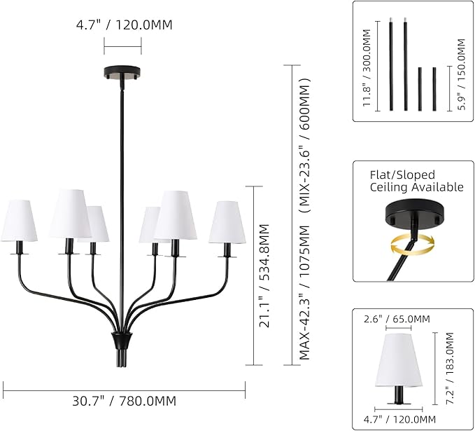30" Modern Black Chandelier for Dining Room - 6-Light Pendant Lighting Fixture with White Fabric Shade, Mid Century Ceiling Light for Living Room Bedroom Kitchen Island, E12