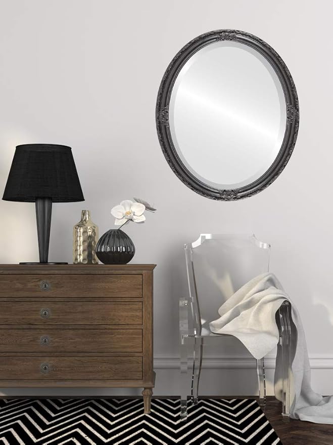 OVALCREST Oval Beveled Wall Mirror for Home Decor - Jefferson Style - Matte Black - 26x38 Outside Dimensions
