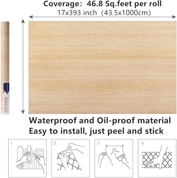 Arthome 17" x393"Peel and Stick Oak Wood Contact Paper Self-Adhesive Wall Paper,Decorative Vinyl Film for Countertop, Cabinets, Shelf, Drawer Liner,Easy to Clean Removable Wall Covering
