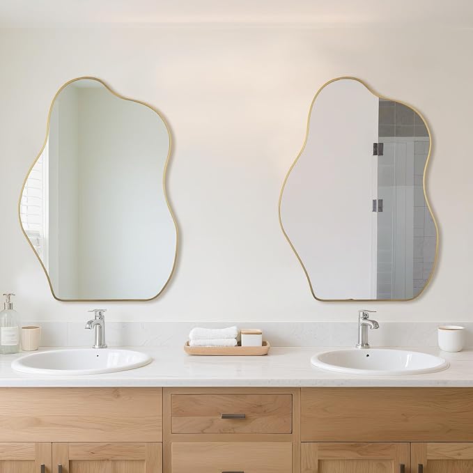 BOMINICA Irregular Wall Mirror Asymmetrical Mirror, Decorative Wall Mirror Golden Wood Framed, Wall Mounted Mirror for Bathroom Living Room Entryway Bedroom Hallway (Gold, 24" x 36")