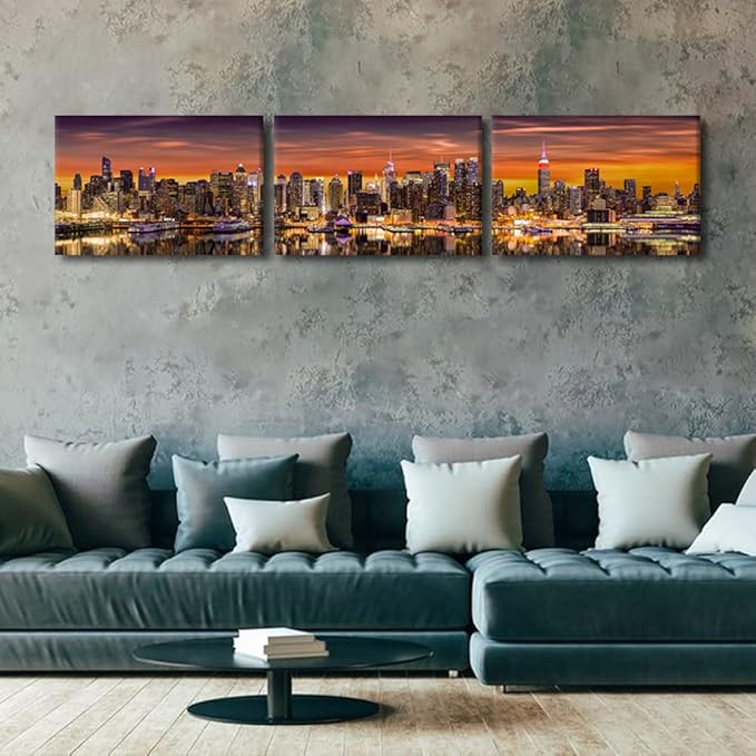 Canvas Wall Art for Living Room New York City Panorama Modern Home Decor Cityscape Sunrise View HD Printed Posters for Bedroom Office Wall Art Painting Bathroom Pictures Ready to Hang 16x72 Inch