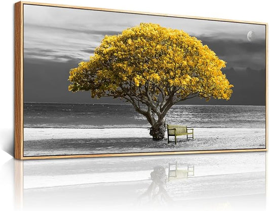 MHARTK66 Wood Framed Wall Decor For Living Room Large Canvas Wall Art For Office Bedroom Decoration Art Black And White Scenery Wall Painting Yellow Trees View Picture Hotel Room Home Artwork