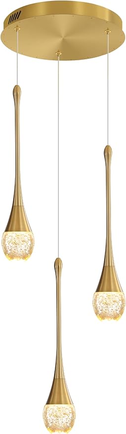 3-Light Gold Chandelier with Dimmable Ceiling Light Crystal Pendant Light for Kitchen Island, Dining Room, Living Room, Entry Hallway