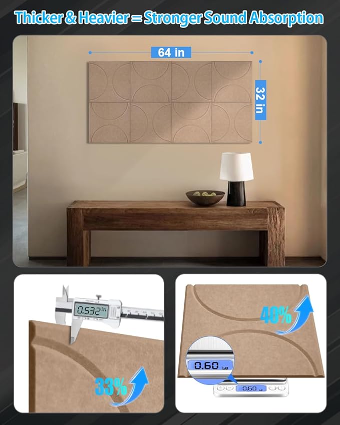 8 Pack Acoustic Wall Panels Self-Adhesive, 16" X 16" X 0.5" Decorative Acoustic Panels, Soundproof Wall Panels for Studio, Home & Living Room, Polyester - Cement Gray