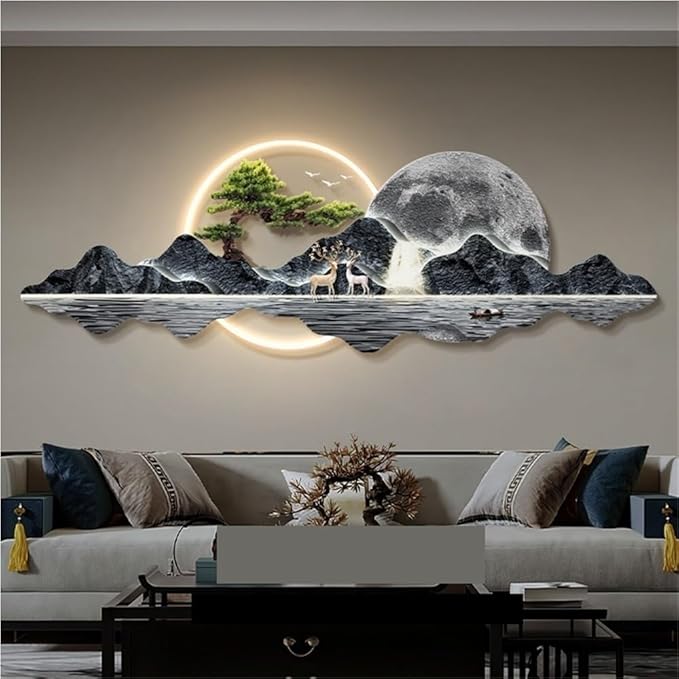 LED 3D Wall Art Decor, Landscape Wall Mural with Welcoming Pine Tree, Traditional Oriental Wall Sculpture with Light, Decorative Wall Art for Living Room(Blue,31.4in)