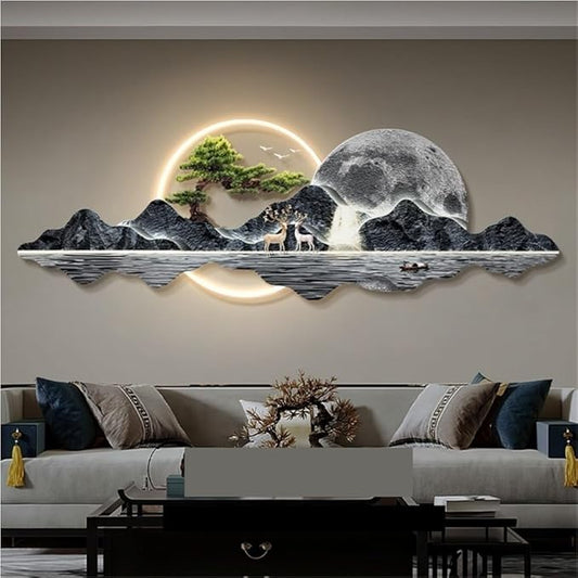 LED 3D Wall Art Decor, Landscape Wall Mural with Welcoming Pine Tree, Traditional Oriental Wall Sculpture with Light, Decorative Wall Art for Living Room(Blue,31.4in)