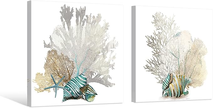 JAPO ART White Coral Wall Art Beach Bathroom Decor Sea Shell Pictures Coastal Wall Decor Sea Fan Nautical Painting Coral Pictures for Livingroom Bedroom Home Walls 16x16 x2pcs