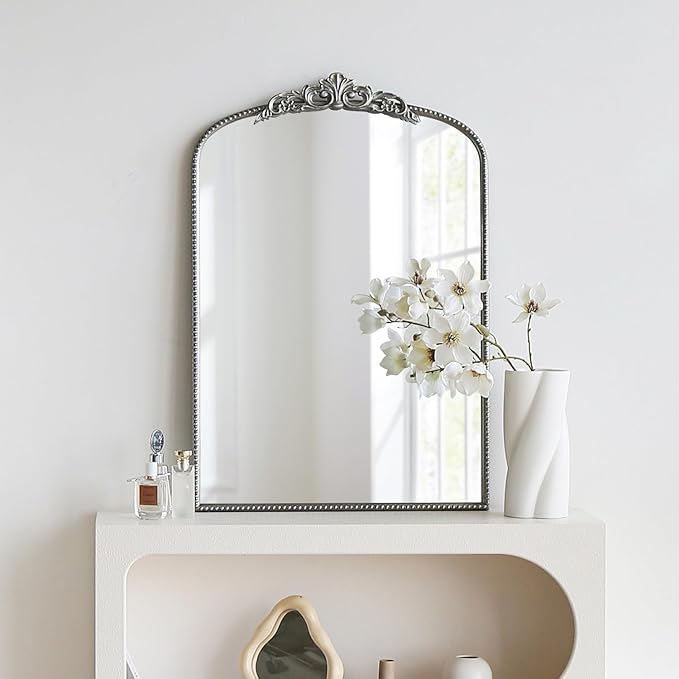 Micasso Vintage Traditional Silver Mirror: French Baroque Antique Mirror - Ornate Decorative Arched Mirrors for Wall/Bathroom/Entryway/Fireplace/Hallway - Home Decor for Living Room
