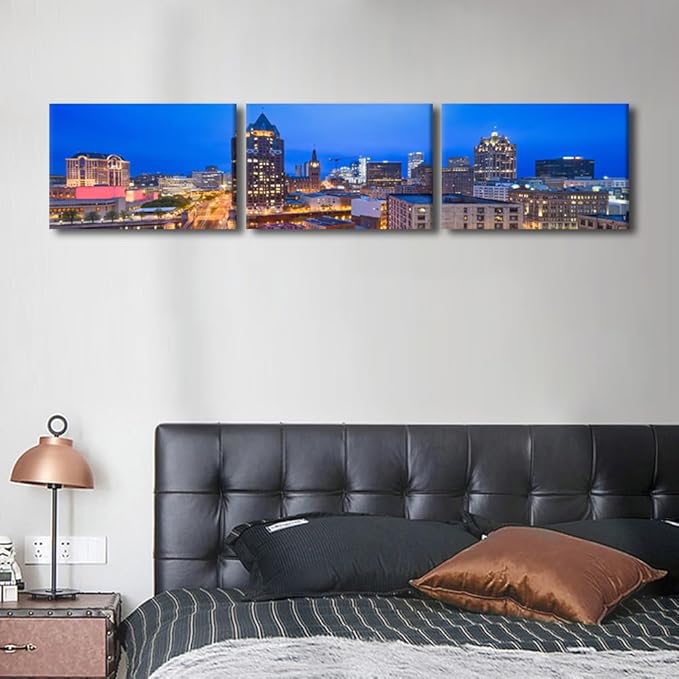 Native American Decor Skyline of Downtown Milwaukee Wall Art Cityscape Pictures Wisconsin, USA Panoramic Paintings Canvas City Skyline at Dusk Artwork Home Decor Framed Ready to Hang 16x72 Inch
