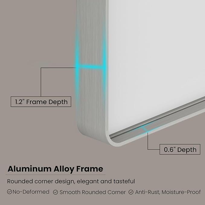 Brushed Nickel Bathroom Mirror 77x36 Inch, Brushed Silver Metal Frame Mirror Wall Mounted, Rounded Rectangle Bathroom Vanity Mirror, Tempered Glass, Anti-Rust, Horizontal/Vertical