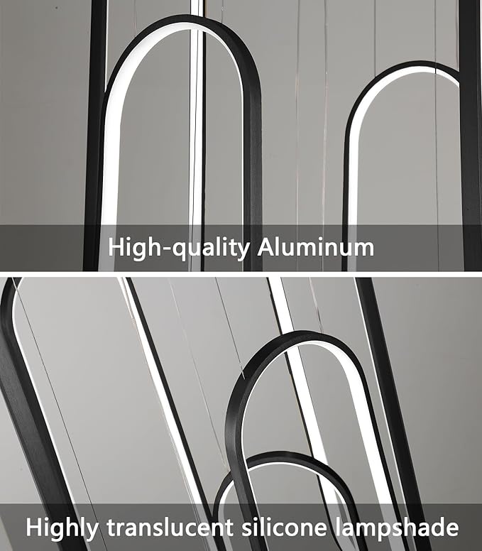 6-Rings Modern Chandelier, LED Black Large Contemporary Light for Staircase, Dimmable Flush Mount High Ceiling Chandeliers with Remote Control for Villa Foyer