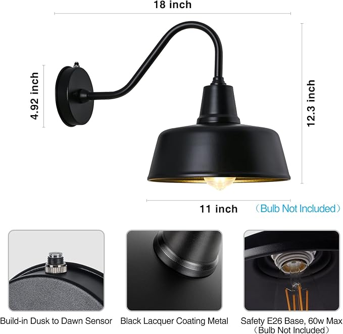 Outdoor Gooseneck Barn Light - Exterior Fixture Sconce Wall Light for Farmhouse, Dusk to Dawn Sensor Front Door Porch Garage Patio Lighting (11 inch（2 PCS）)