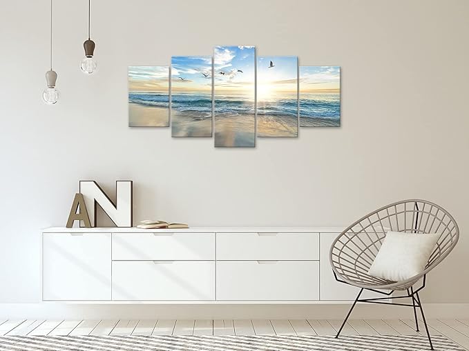 Biufo Seascape Wall Art Canvas Prints Sunrise at Sea Painting Picture Beach Ocean Artwork for Office Bedroom Living Room Wall Decor (Large)