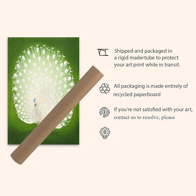 OZCONO White Peacock Wall Art Print, Japanese Style Bird Illustration, Green Background, UV-Resistant Giclée Print (14L x 11W)