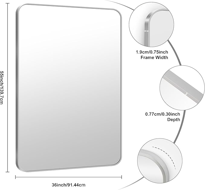 KOCUUY Silver Bathroom Mirror, 55x36 Inch Large Bathroom Mirror for Over Sink, HD Tempered Glass, Anti-Rust Brushed Silver Frame, Rounded Corner Modern Design for Bathroom, Hang Horizontal/Vertical