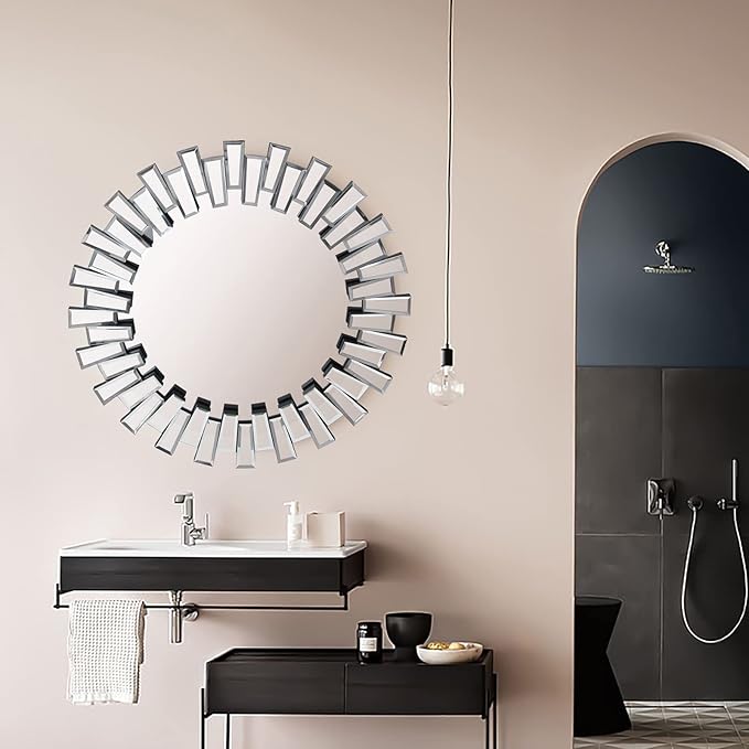 BST FURNH Round Mirror Wall Decor 24 Inches Decorative Wall Mirror with Irregular Framed and Beveled Edge Mirrors for Wall Silver Large Wall Mirror Frameless Mirrors