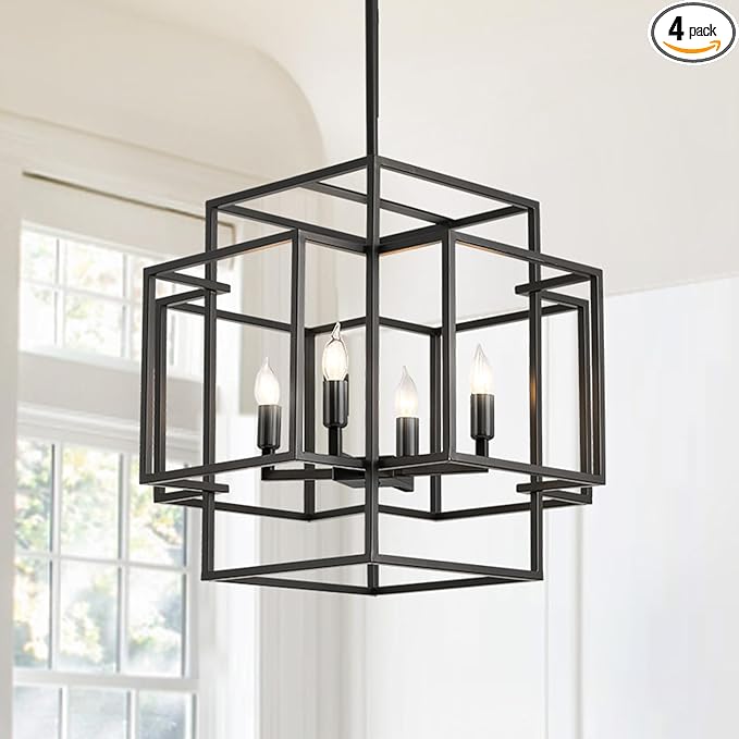 4-Light Farmhouse Chandelier, Industrial Ceiling Foyer Lighting Fixtures Black Lantern Pendant Light, for Dining Room Kitchen Island Entryway Staircase