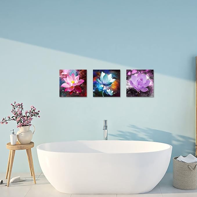Biuteawal 3 Panels Flowers Wall Art Blooming Lotus Water Lily Picture Elegant Pink Blue Purple Floral Painting Canvas Print Framed Modern Home Bedroom Living Room Decor Ready to Hang