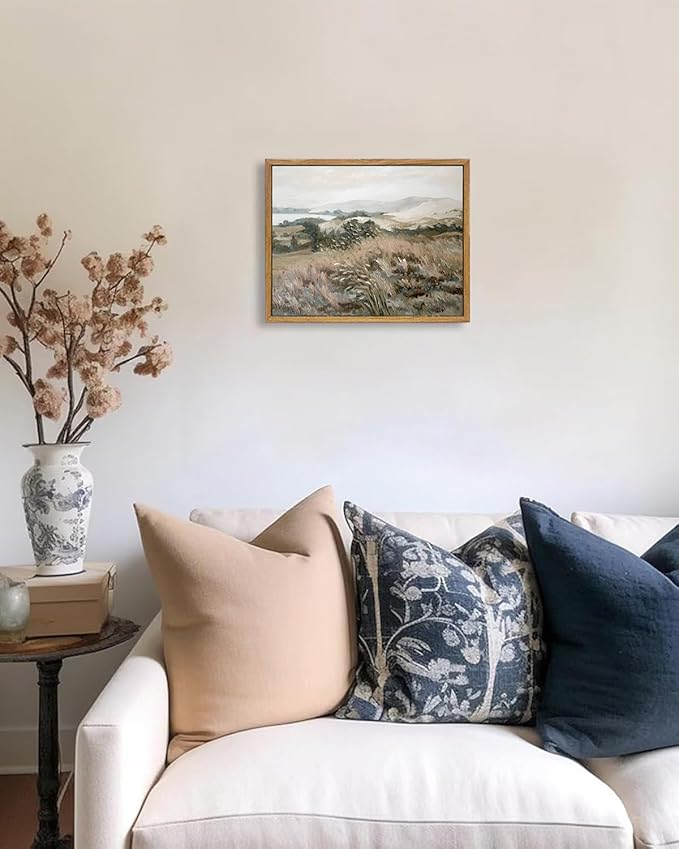 KISSFOX Vintage Landscape Canvas Wall Art Neutral Farmhouse Hills Lake Framed Wall Art Serene Countryside Paintings Artwork Rustic Art Prints For Bedroom Living Room