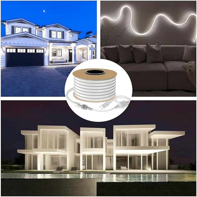 50ft Led Neon Rope Light, Commercial Grade IP65 Waterproof Neon Led Strip Lights, 110V-120V Plug-in Led Rope Light with Power Adapter for Outdoor, Indoor, Stairs and Room Decor, Daylight White