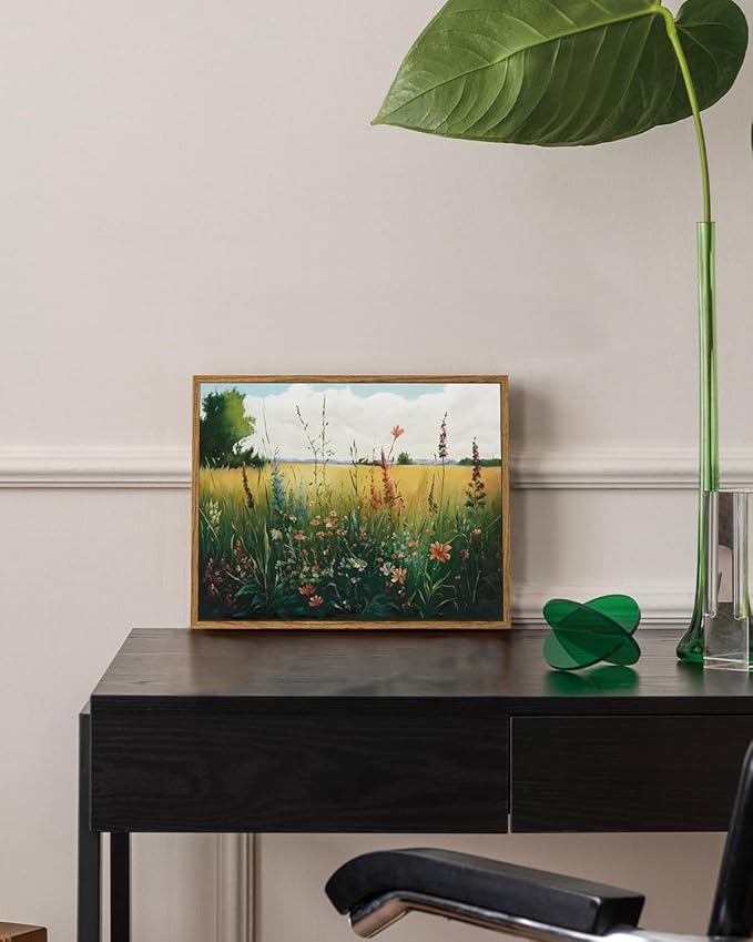 KISSFOX Vintage Wildflower Field Landscape Framed Wall Art Summer Countryside Meadow Canvas Art Farmhouse Rustic Paintings Artwork Nature Serene Art Prints For Kitchen Living room Bedroom