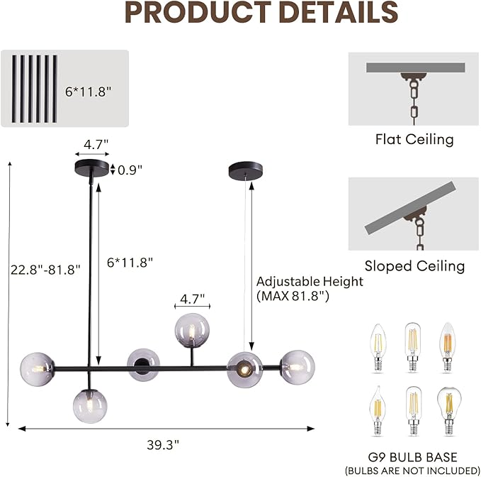 6 Lights Mid Century Modern Globe Chandelier, Black Linear Sputnik Chandelier with Glass Pendant Lights for Dining Room, Kitchen Island, and Living Room (Smoke Gray Glass)