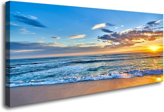 Aibonnly Wall Art Canvas Painting Seaside Sunset over the beaches 1 Piece blue sea view Ocean Picture Poster Print Framed and Stretched Ready to Hang for Living Room Bedroom Kitchen Office