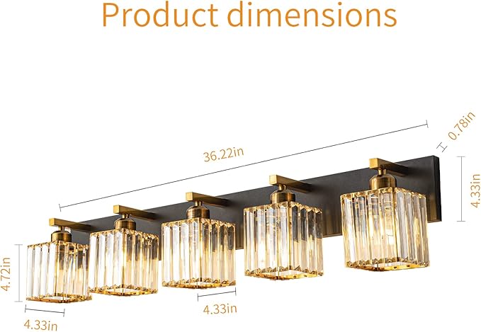 Modern Bathroom Vanity Light 5-Lights Black Gold Crystal Bathroom Wall Light Vanity Light Fixtures，36.22-inch Modern Minimalist Design