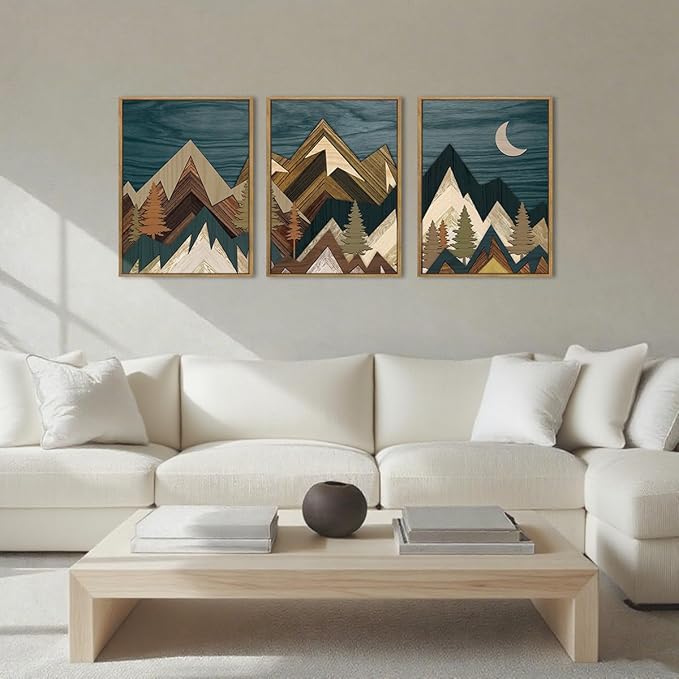 BINCUE Boho Mountain Wall Art Framed Landscape Wall Decor Modern Nature Artwork for Bedroom Living Room Office 12" Lx16 W Set of 3