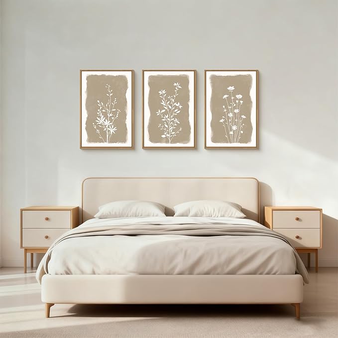 Large Vintage Floral Framed Canvas Wall Art,Neutral Boho Plants Wall Decor,Modern Minimalist Botanical Artwork,Natural Rustic Wildflowers Art Print for Living Room,Bedroom,Office- 16"x24"x3