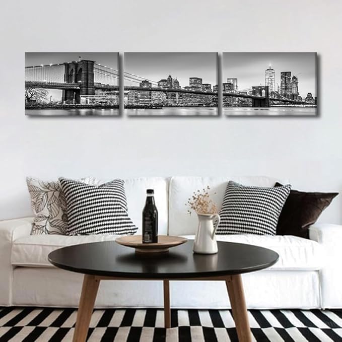 Canvas Wall Art Print New York Cityscape Wall Art for Bedroom Brooklyn Bridge Panorama Wall Decor Art Paintings City Reflection Modern Giclee Artwork for Office Home Decor Ready to Hang 16x72 Inch