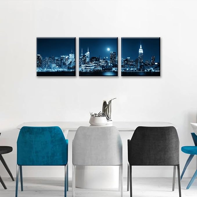 NAN Wind 3-Piece Modern Manhattan Night Skyline Canvas Art Blue Moon Urban Cityscape Wall Decor Contemporary NYC-Inspired Night View Panoramic Prints Framed City Canvas Set for Home Office Living Room