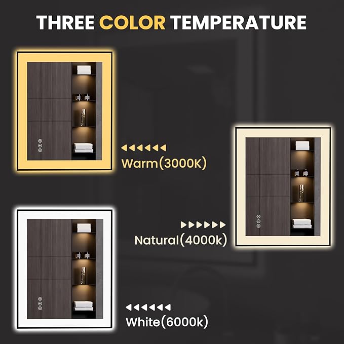 LOAAO 24"X30" LED Bathroom Mirror Black Framed, Anti-Fog, Dimmable, Lighted Bathroom Vanity Mirror for Wall, Memory Function, Tempered Glass