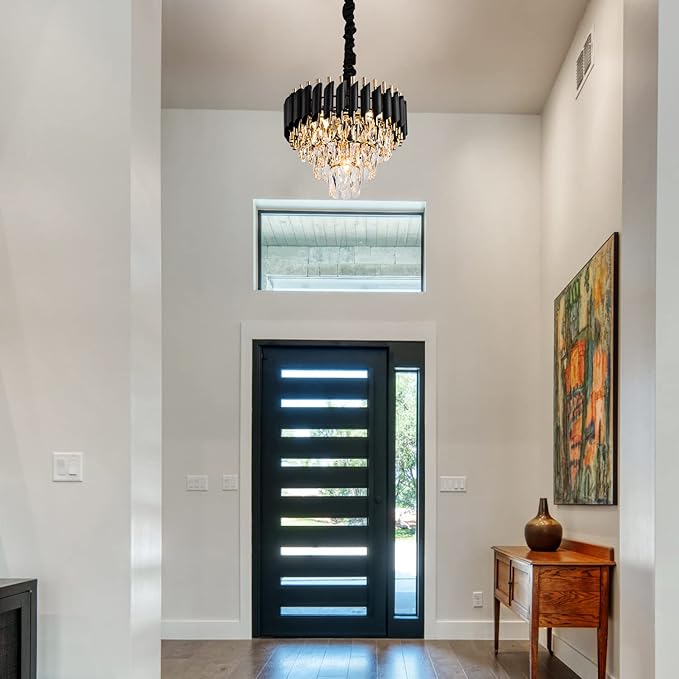 15" 5-Light Modern Crystal Chandelier Light Fixtures 3-Tier Black Gold Luxury Chandeliers for Dining Room Round Hanging Pendant Lighting for Living Room Kitchen Entryway Bedroom Hallway