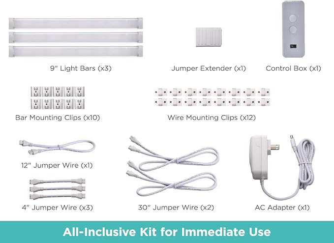 BLACK+DECKER LED Under Cabinet Light Kit, Motion Sensor, Dimmable, Linkable, 3 Color Settings, Tool-Free, for Kitchen, Cabinets and Closets, (3) 9" Bars